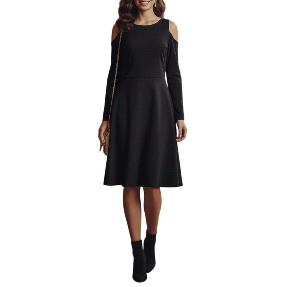 Ann Taylor LOFT Black Cold Shoulder Long Sleeve Midi Dress Size 6 Fit & Flare